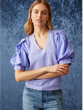 Marie Oliver Viva Popover V-Neck Top Lavender Purple Puff Sleeve - Small
